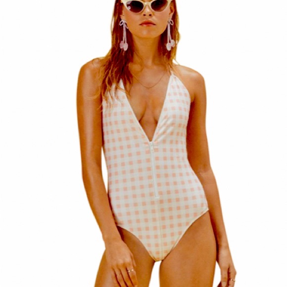 FOR LOVE & LEMONS ZIPPER FRONT SOFT PINK CHECK ONE PIECE SWIMSUIT SIZE SMALL - Picture 4 of 15